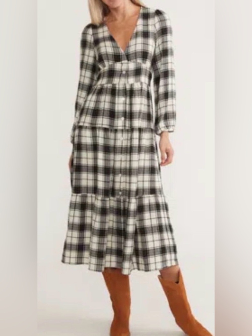 Marine Layer Maeve black white plaid dress XS Tiered Maxi Twilight‎ button down